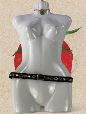 Vtg Y2K 2000s Adjustable Black Leather Belt Multicolor Beaded Mirror Design 41in